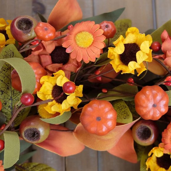 Fall Wreath Artificial Pumpkin Wreath Green Leaves for Front Door‎ Autumn Wreath - Picture 2 of 6